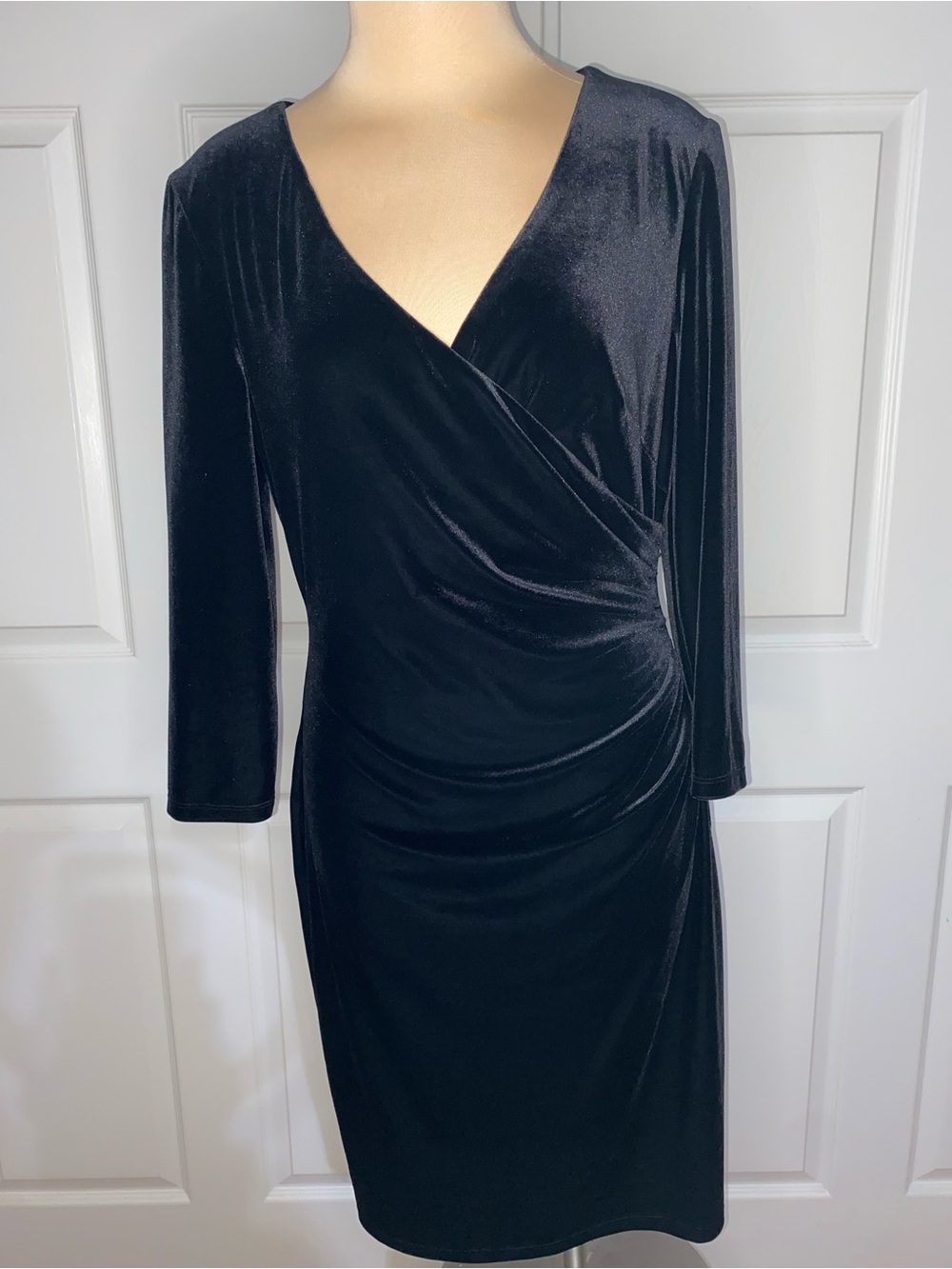Chaps Black Velvet Faux-Wrap Midi Dress